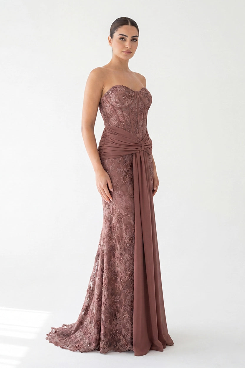 Floral Corset Draped Waistline Tulle Dress