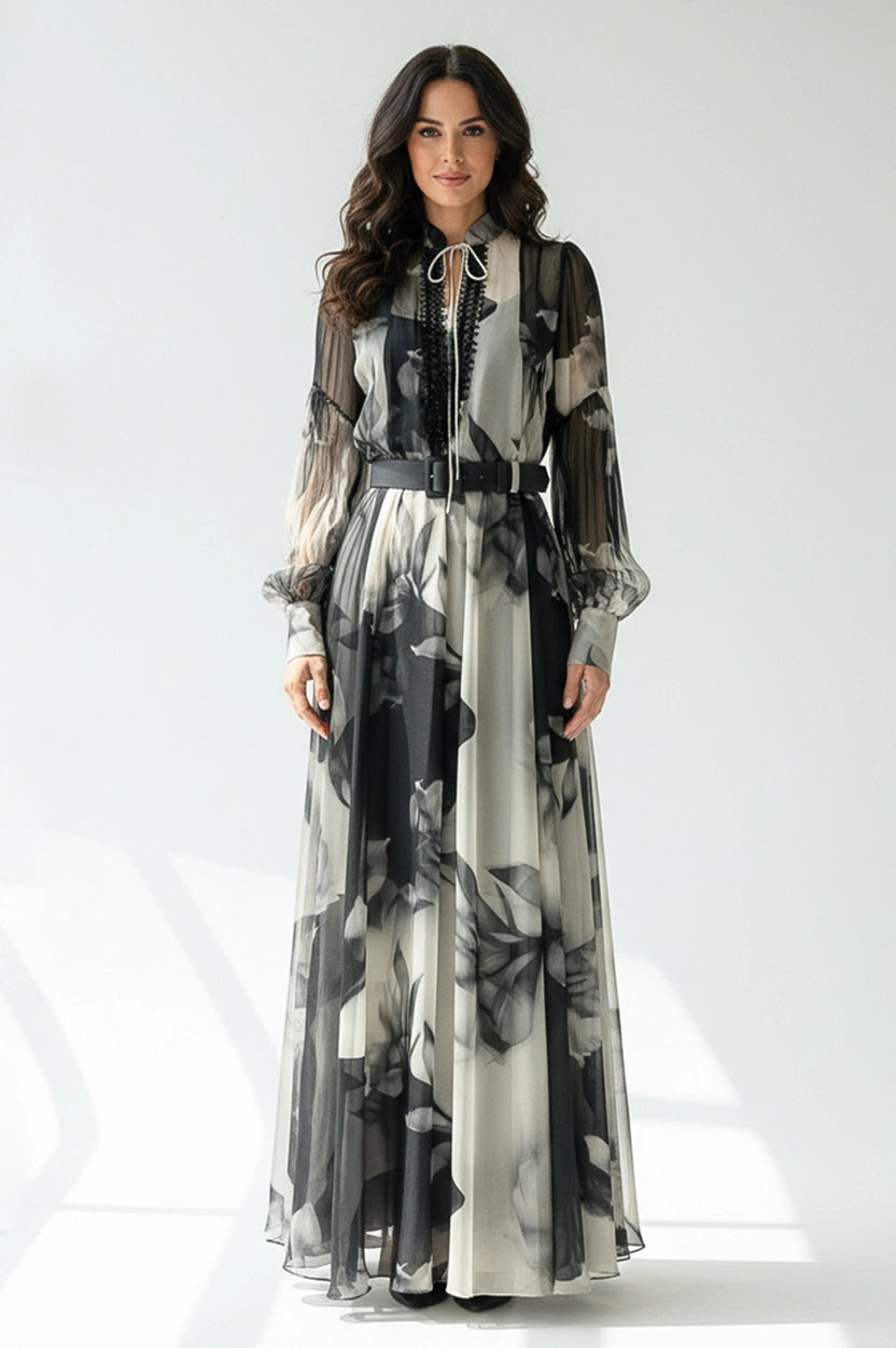 Floral Guipure Neck Chiffon Dress