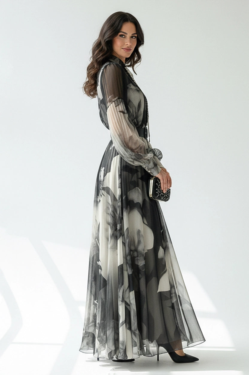 Floral Guipure Neck Chiffon Dress