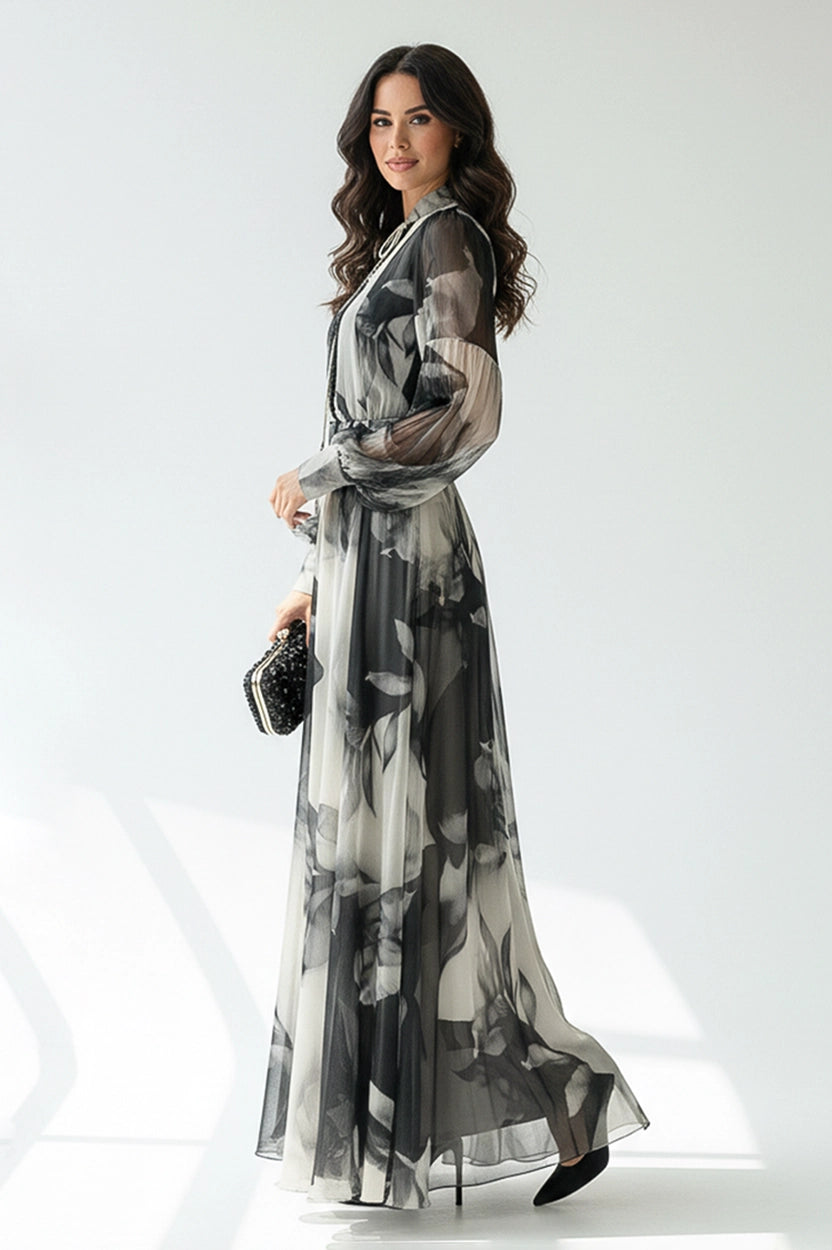 Floral Guipure Neck Chiffon Dress