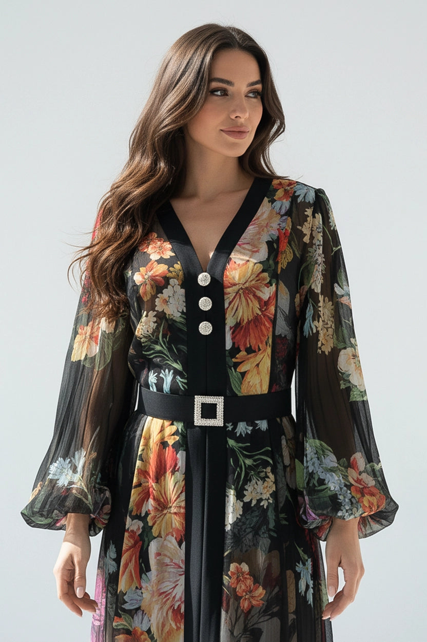 Floral Balloon Sleeves Chiffon Dress