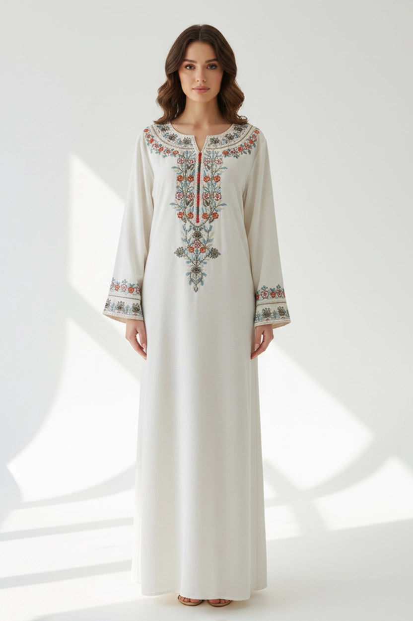 Flower Embroidered Details Wide Neck Jalabiya