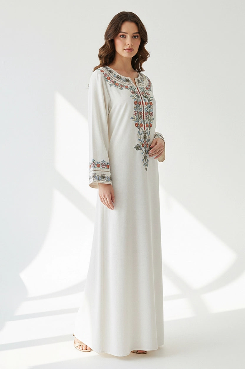 Flower Embroidered Details Wide Neck Jalabiya