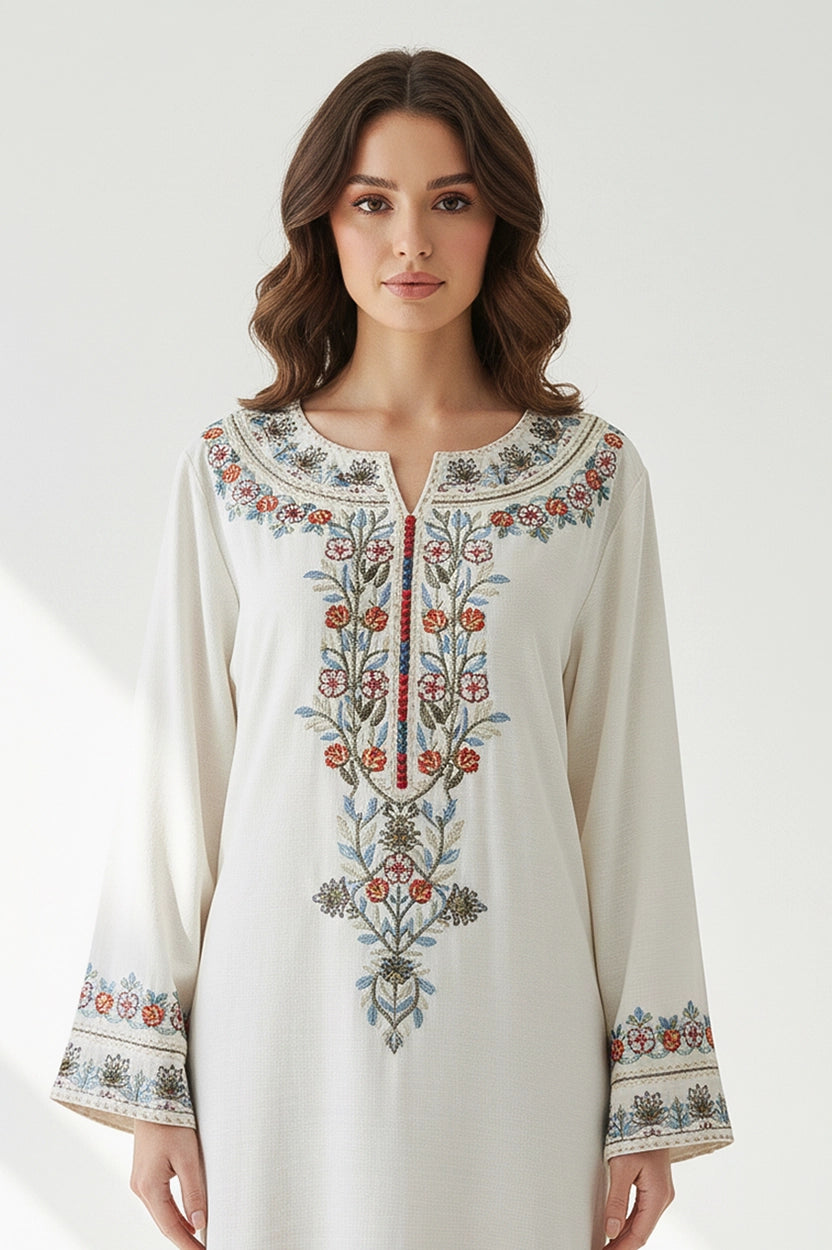 Flower Embroidered Details Wide Neck Jalabiya