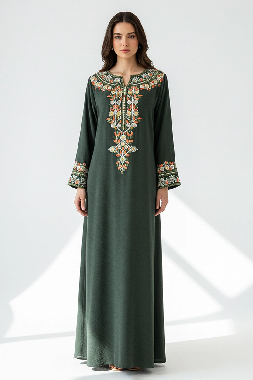Flower Embroidered Details Wide Neck Jalabiya