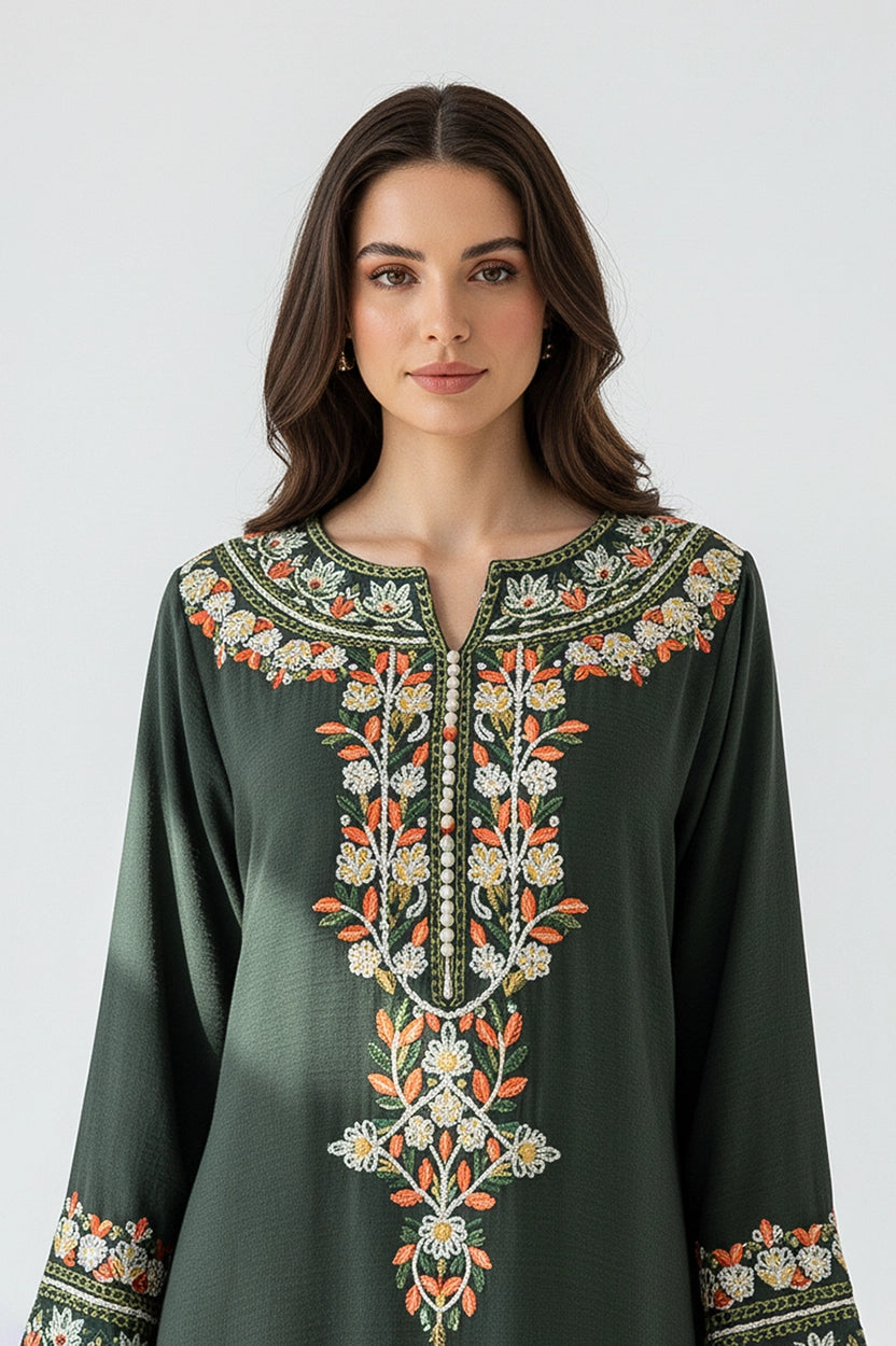 Flower Embroidered Details Wide Neck Jalabiya