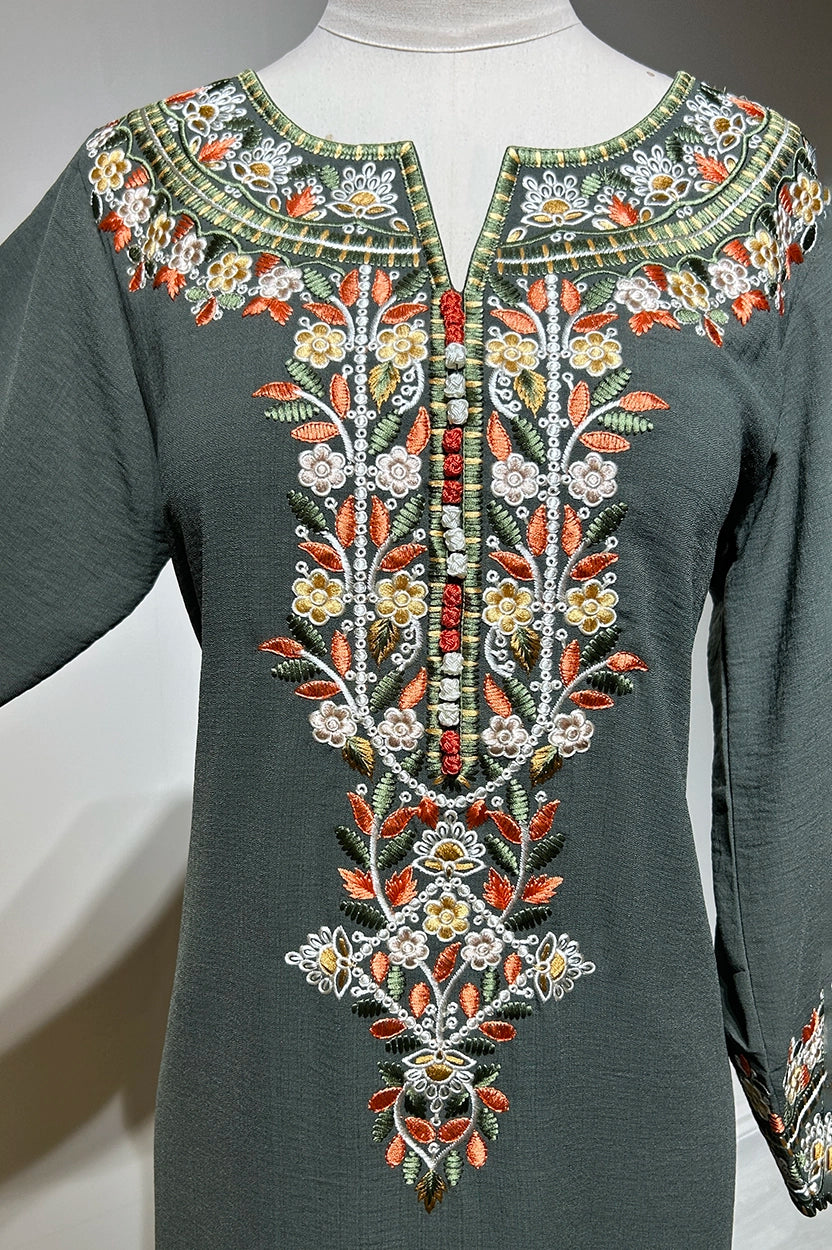 Flower Embroidered Details Wide Neck Jalabiya