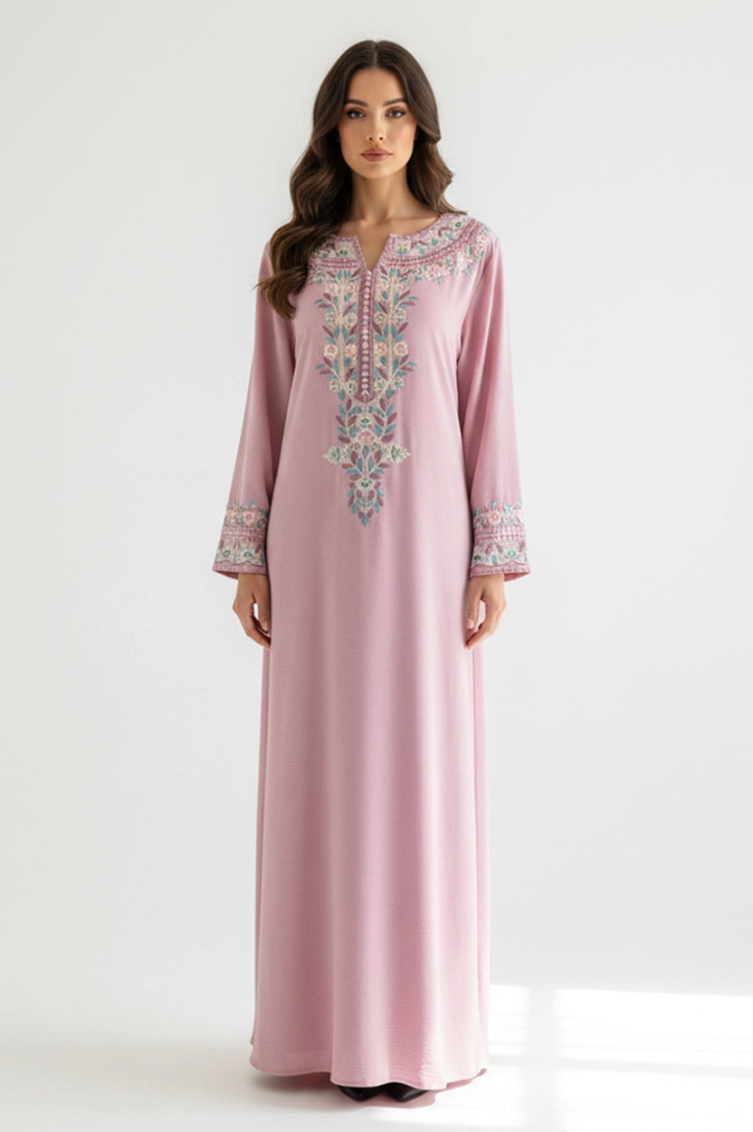Flower Embroidered Details Wide Neck Jalabiya