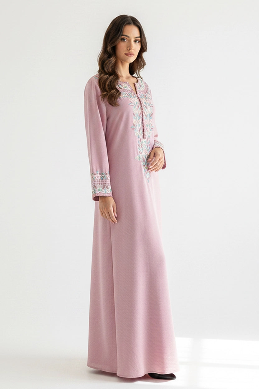Flower Embroidered Details Wide Neck Jalabiya
