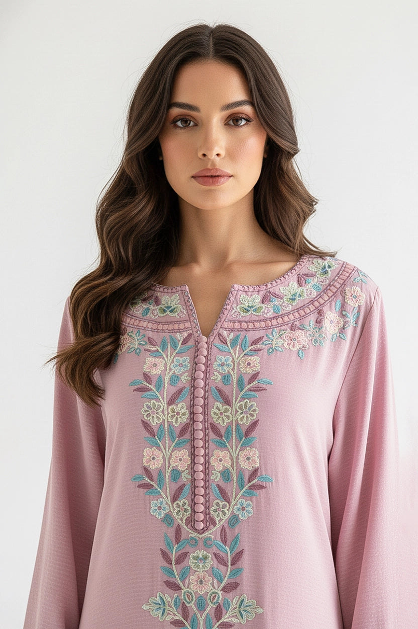Flower Embroidered Details Wide Neck Jalabiya