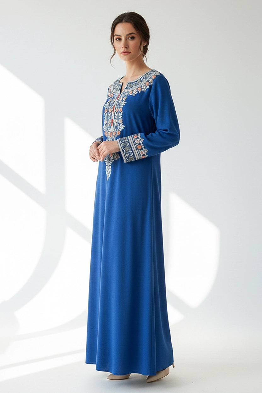 Flower Embroidered Details Wide Neck Jalabiya