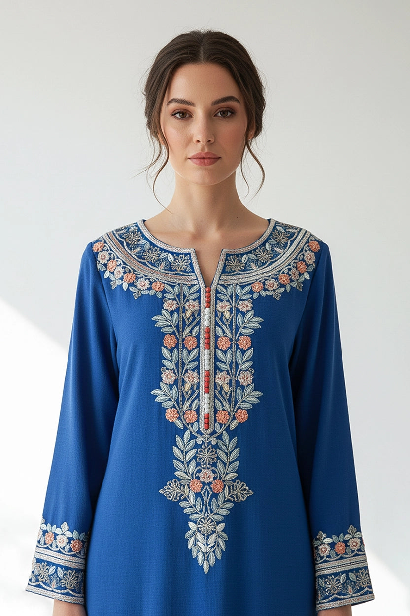 Flower Embroidered Details Wide Neck Jalabiya