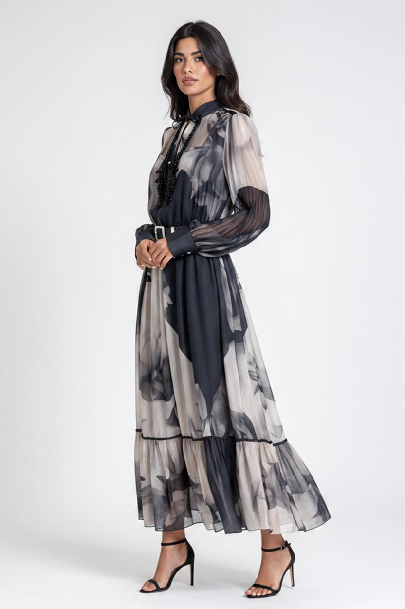 Fringe details Neck bicolor Chiffon Dress