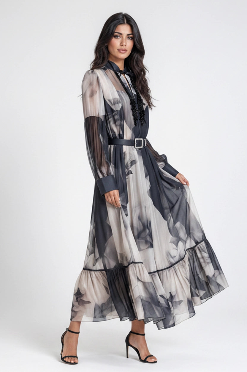 Fringe details Neck bicolor Chiffon Dress