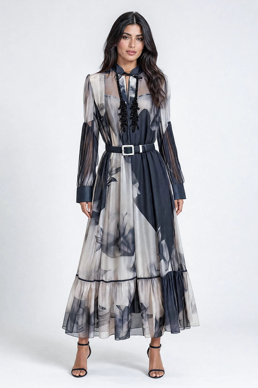 Fringe details Neck bicolor Chiffon Dress