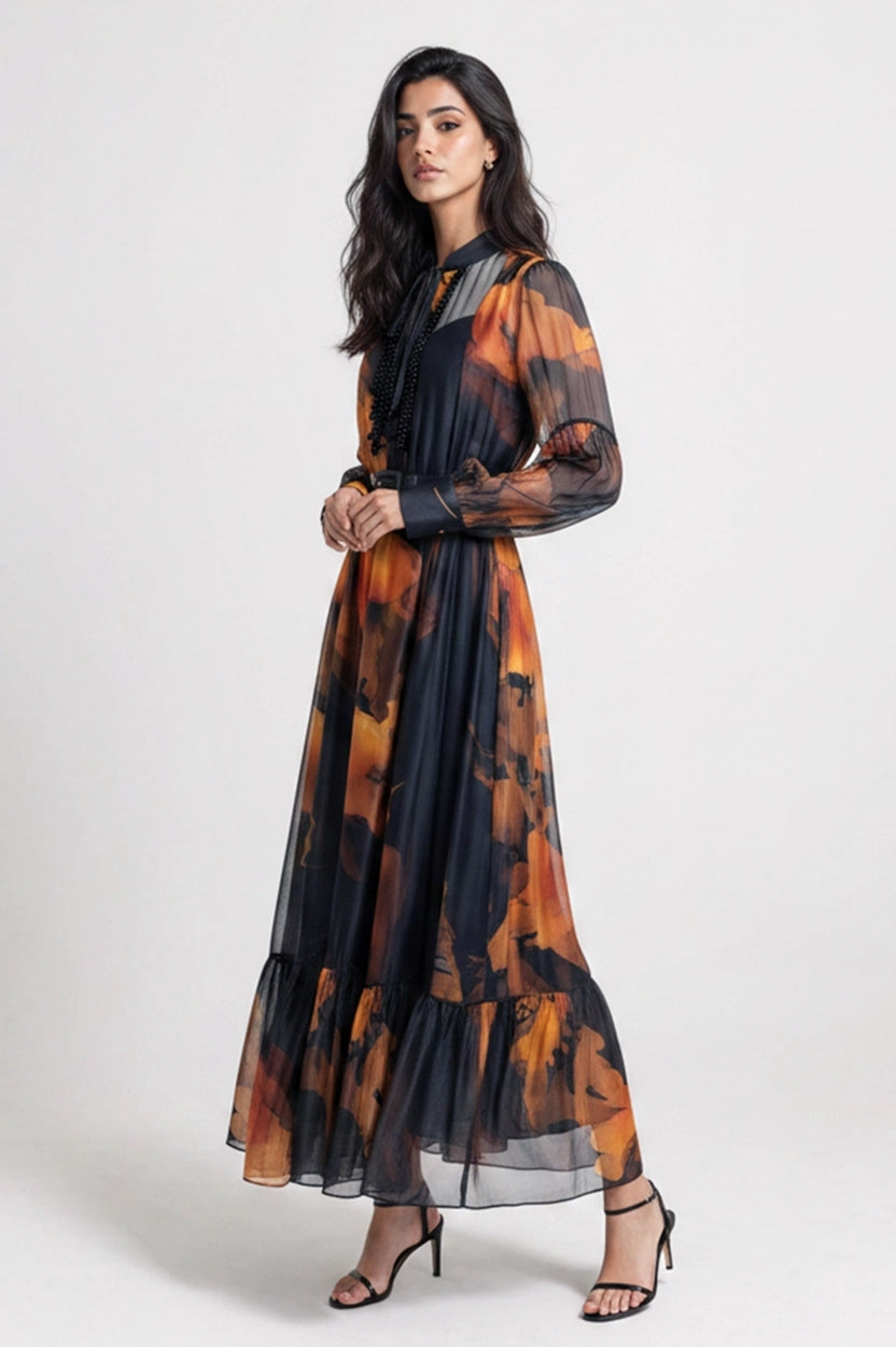 Fringe details Neck bicolor Chiffon Dress