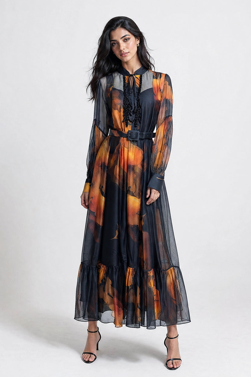 Fringe details Neck bicolor Chiffon Dress