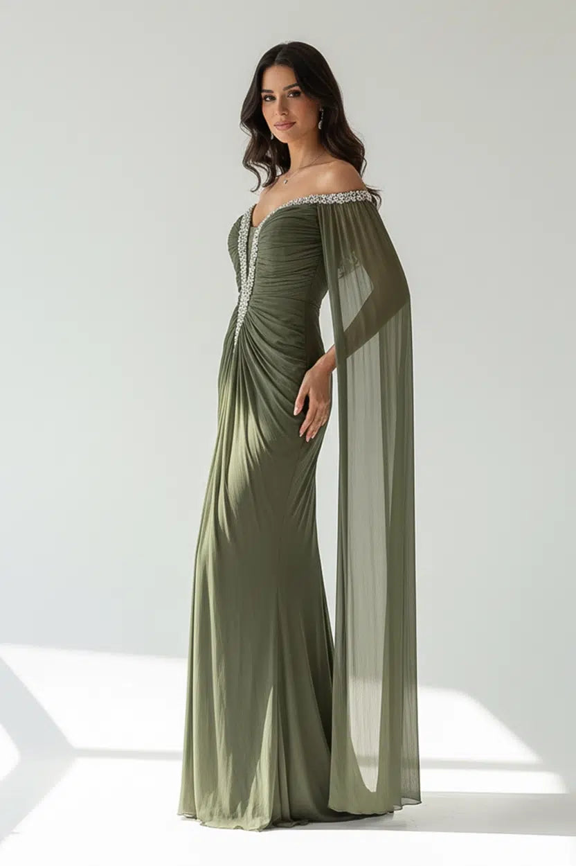 Front Gathered Beaded Organza Dress