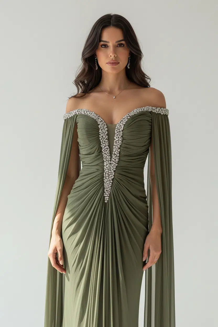 Front Gathered Beaded Organza Dress