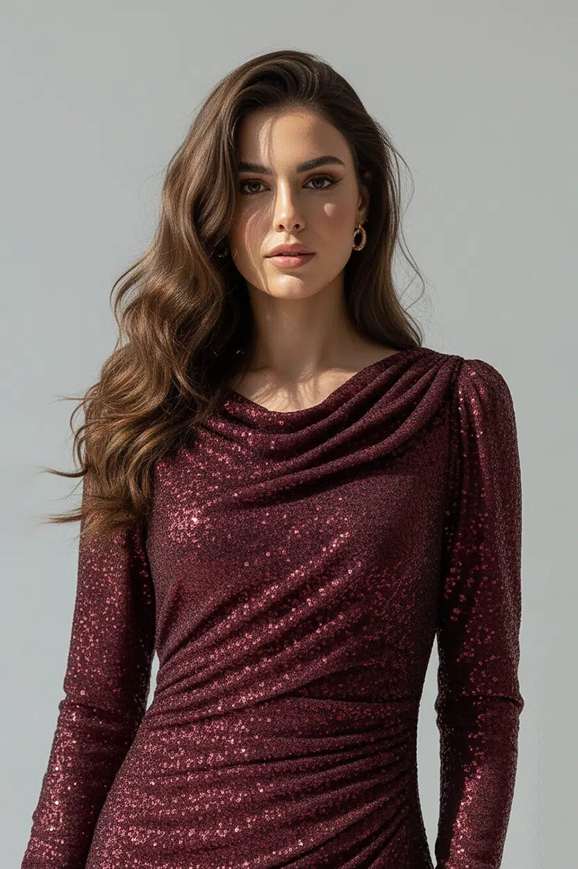 Front Pleated Long Sleeves Sequin Dress