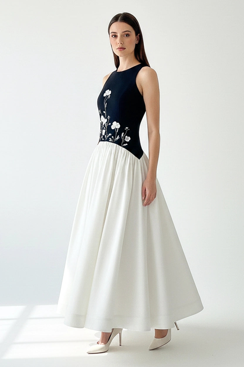 Front Beaded Curved Buffy Hipline Crepe Dress