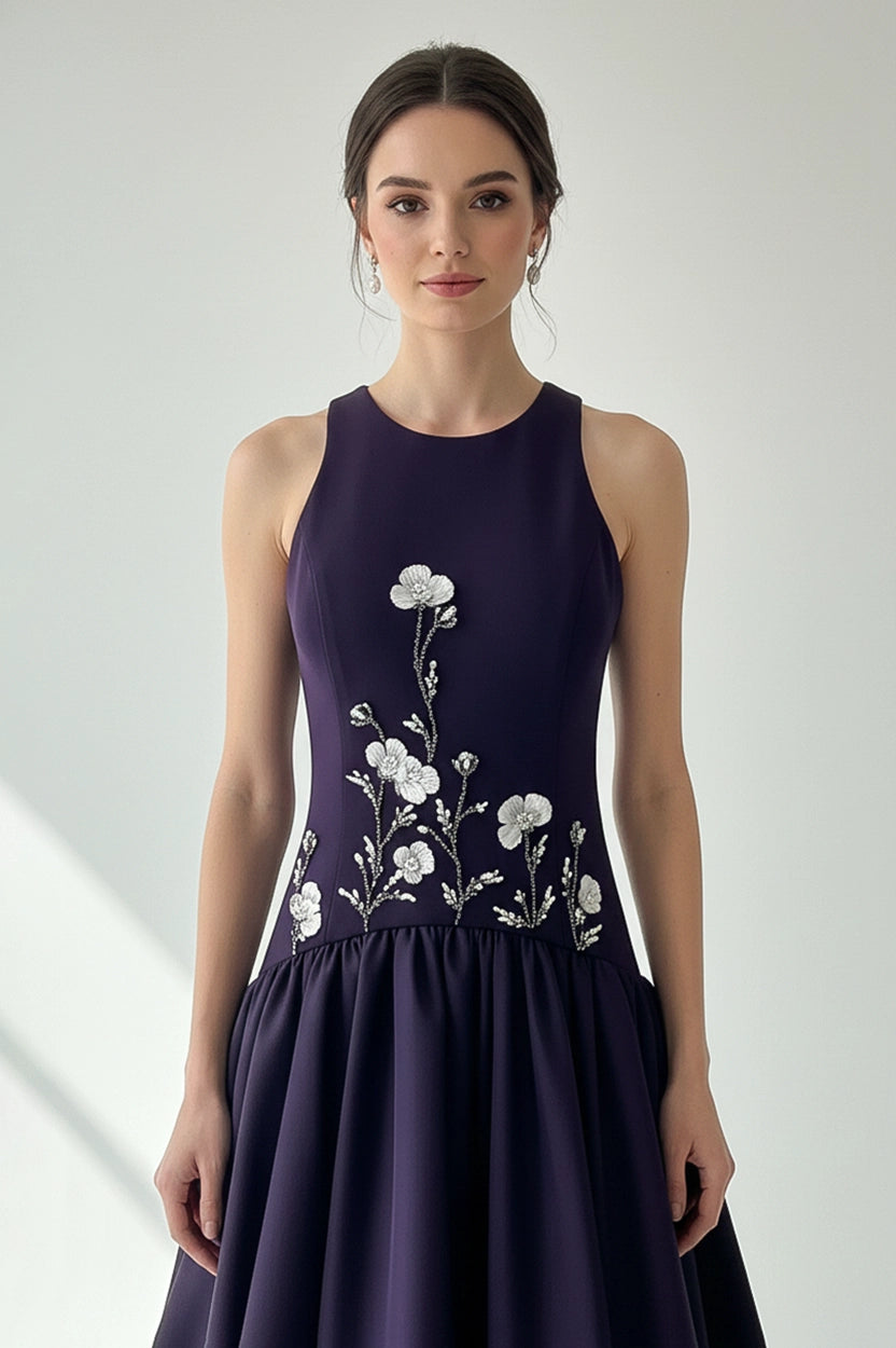 Front Beaded Curved Buffy Hipline Crepe Dress