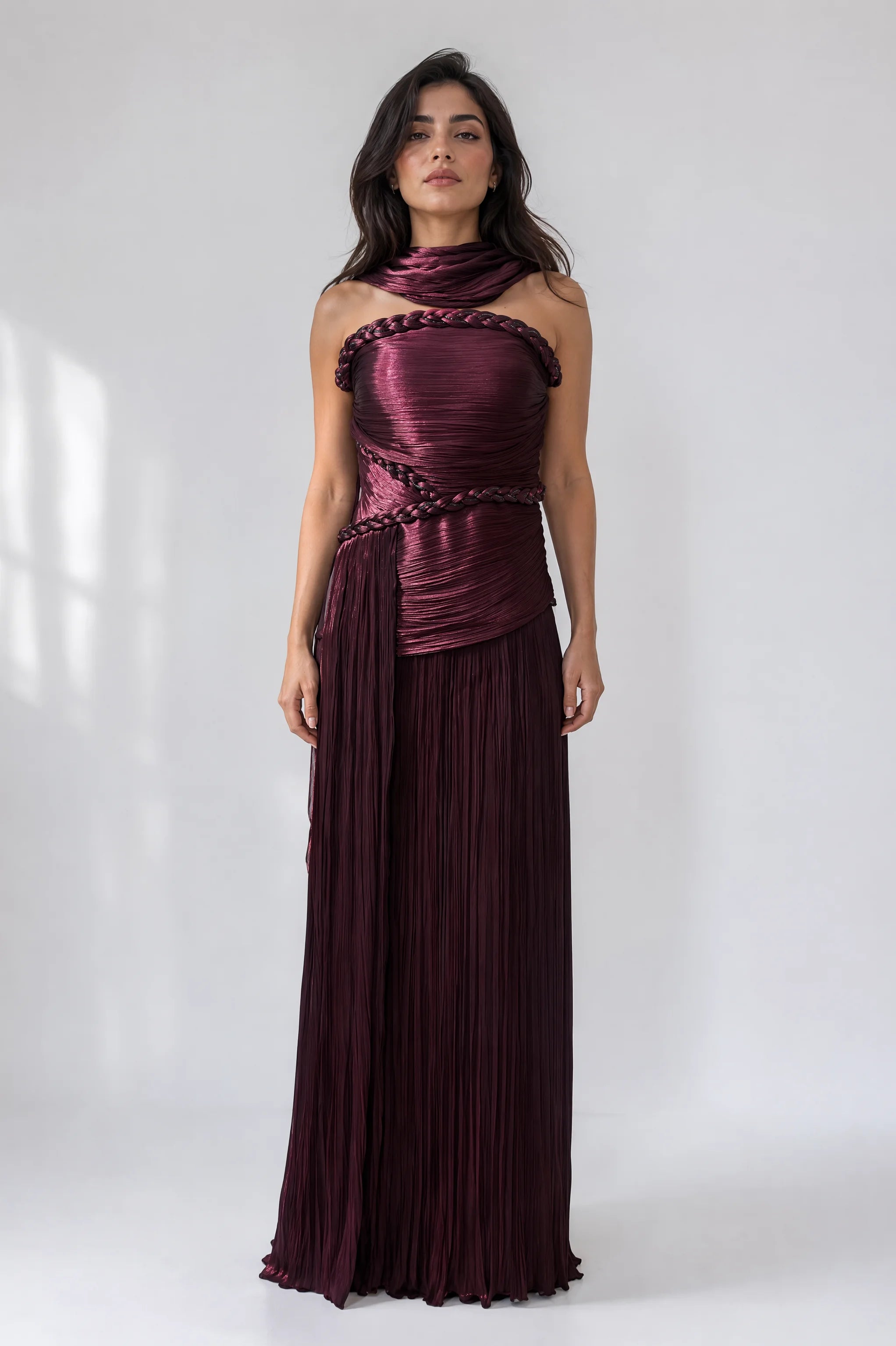 Front Pleated Braided Details Organza Dress