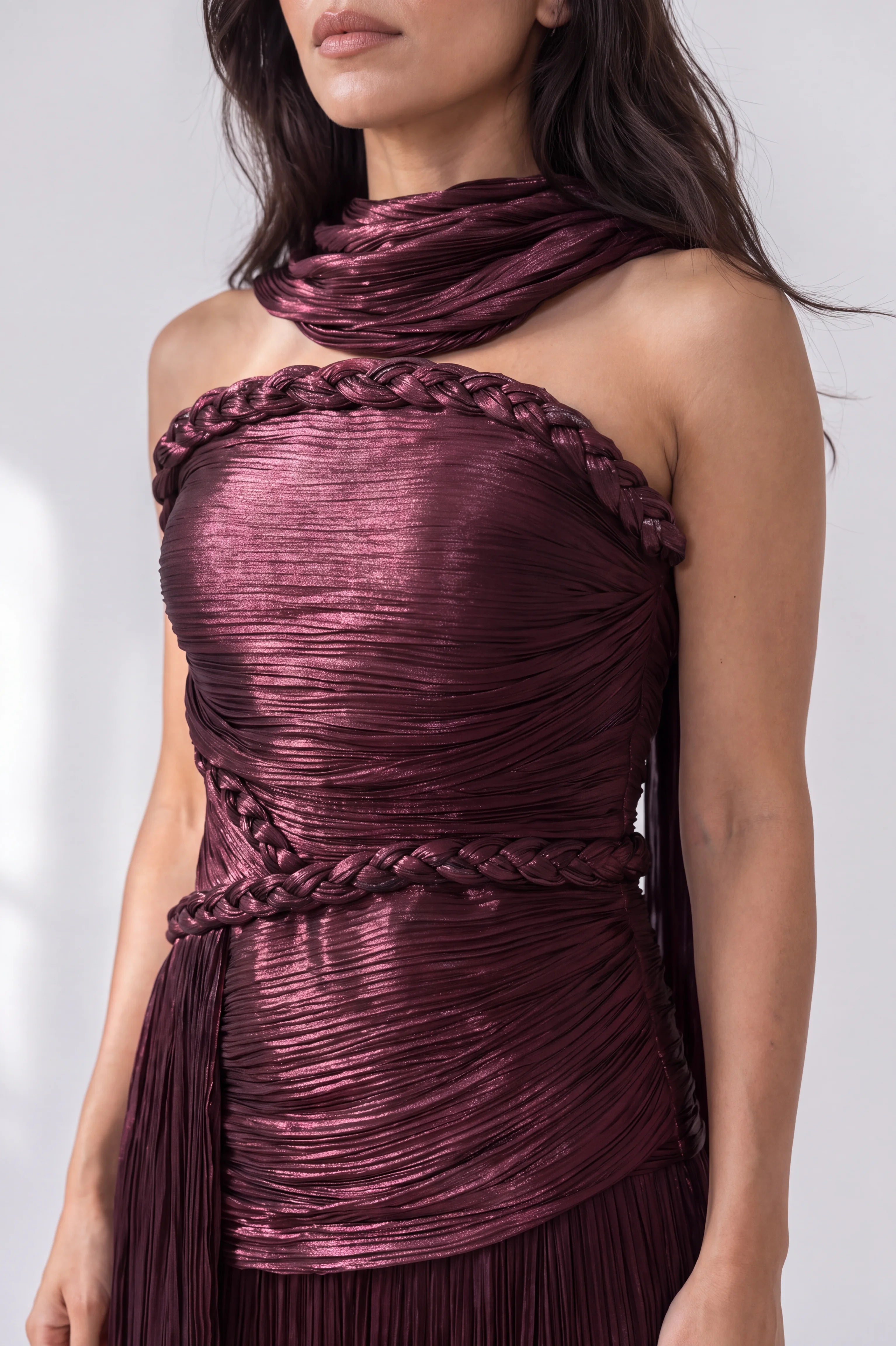 Front Pleated Braided Details Organza Dress