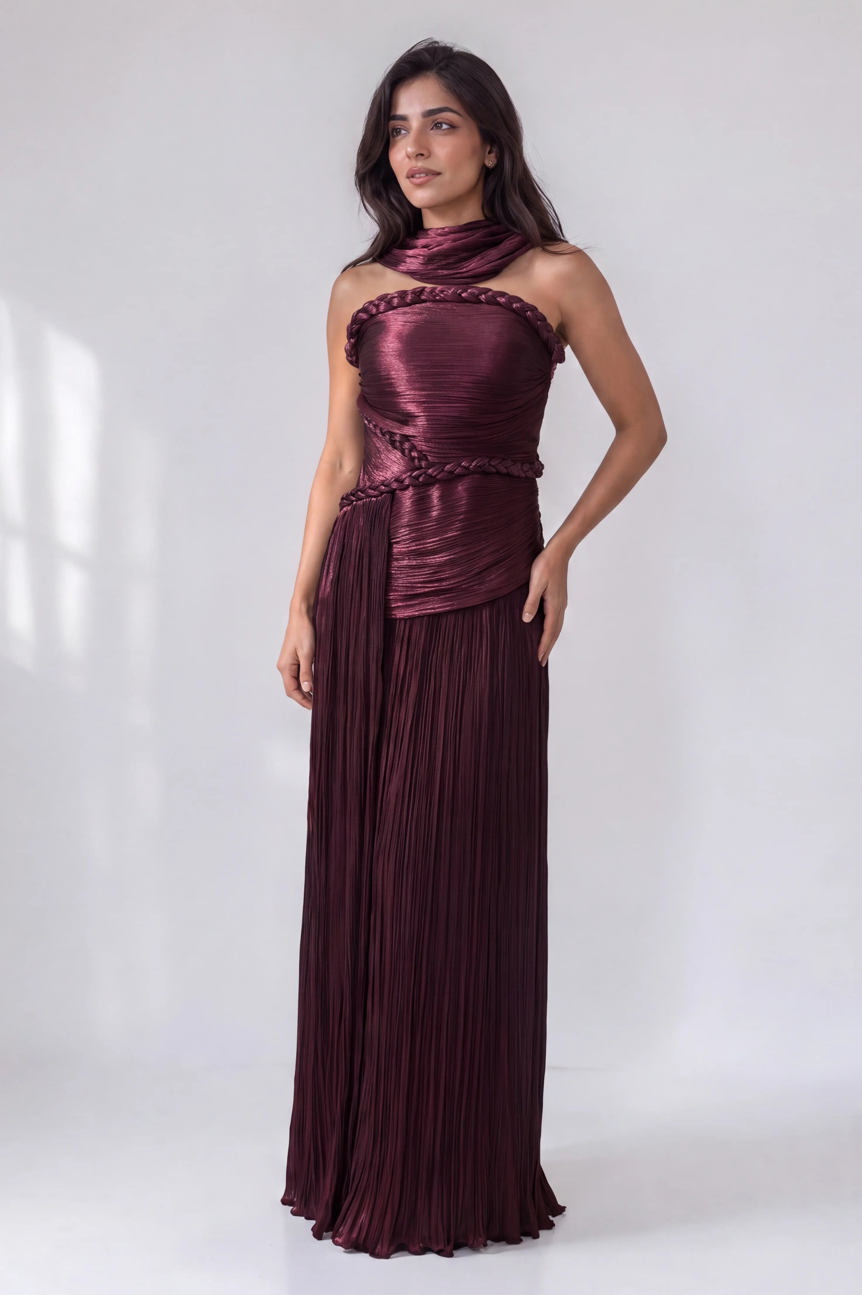 Front Pleated Braided Details Organza Dress