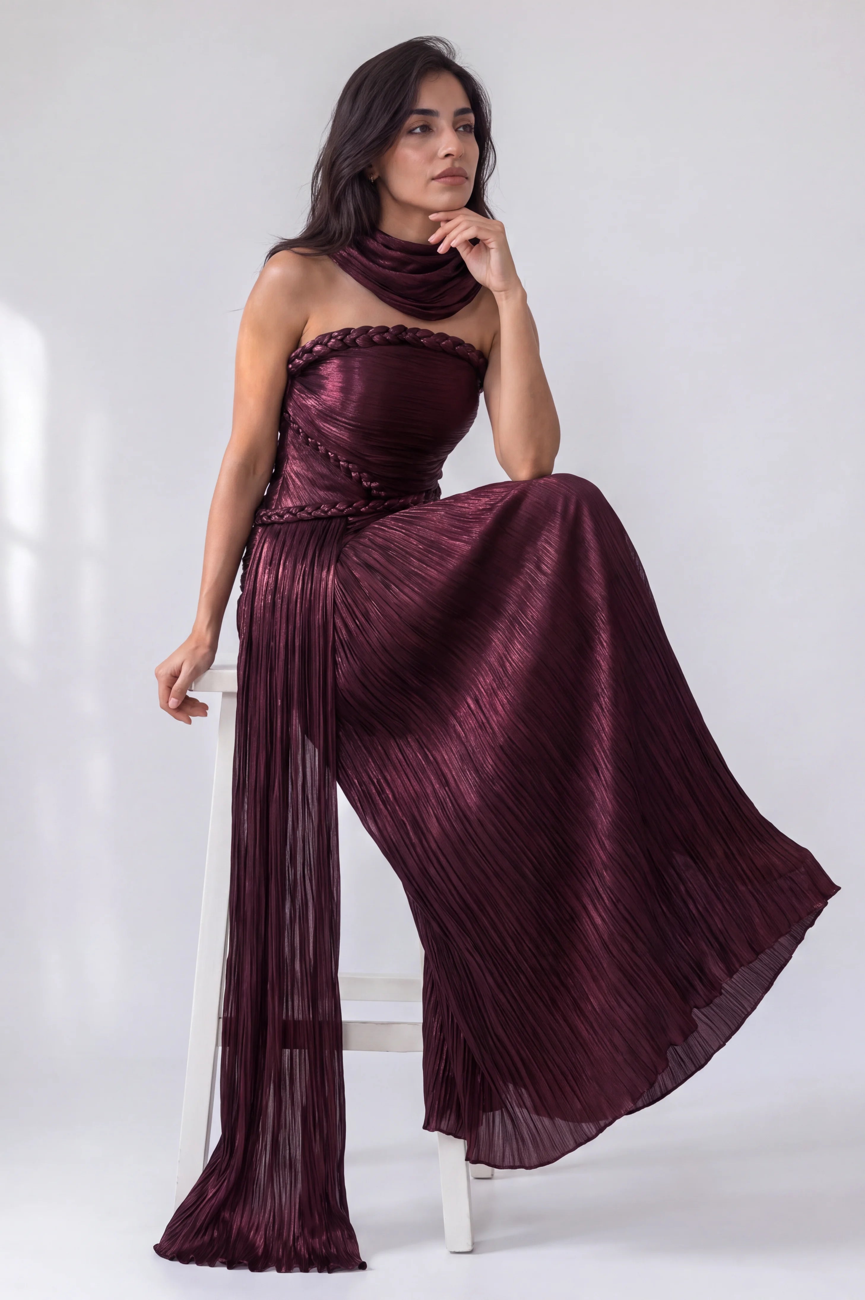 Front Pleated Braided Details Organza Dress