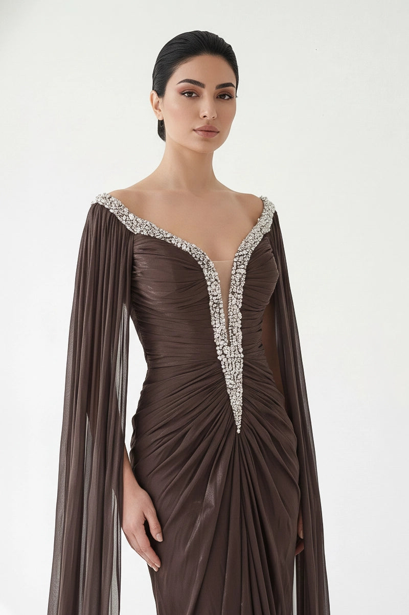 Front Gathered Beaded Organza Dress