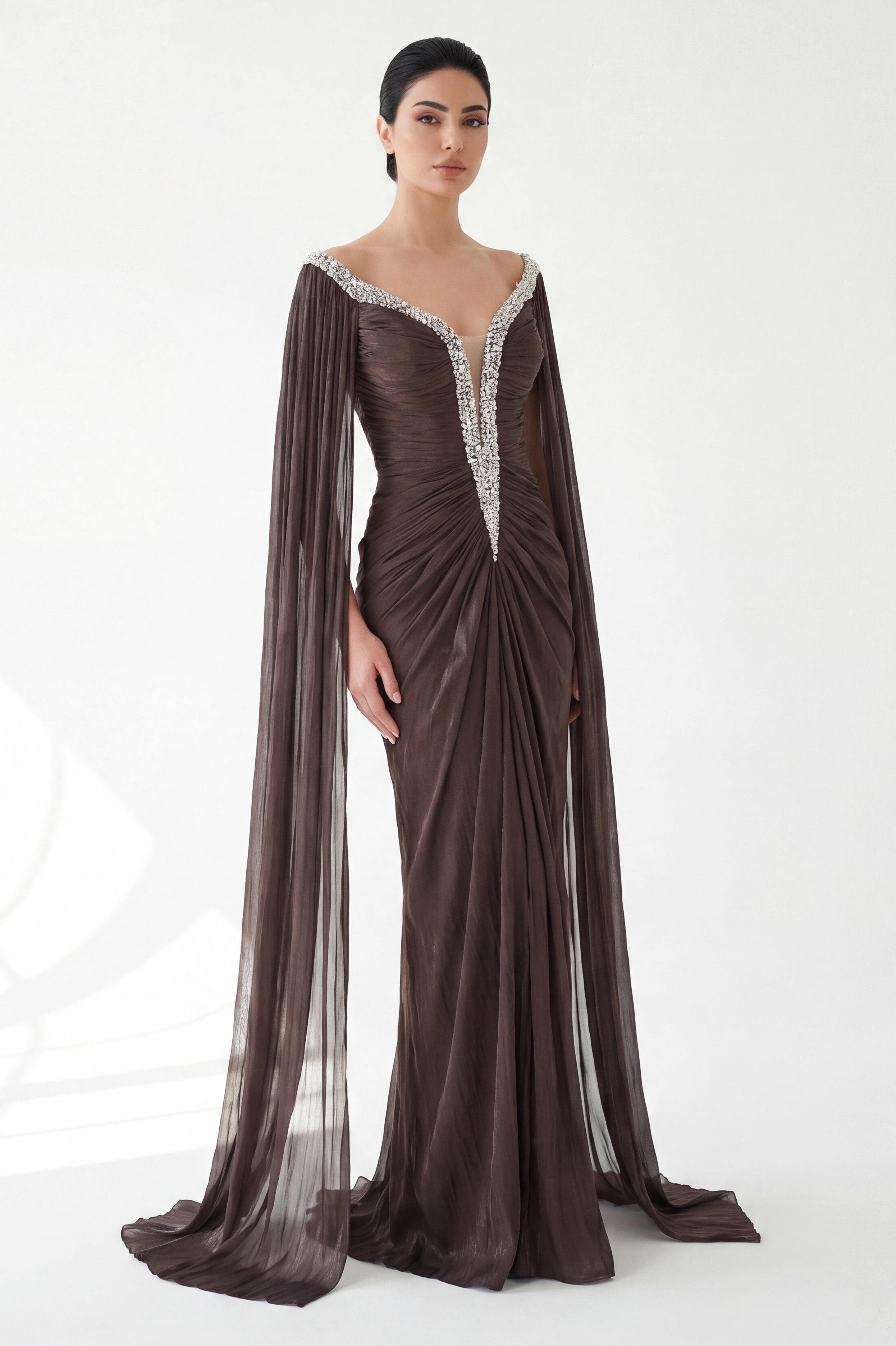 Front Gathered Beaded Organza Dress