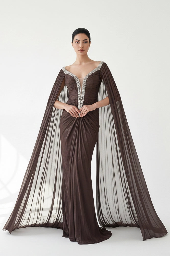 Front Gathered Beaded Organza Dress