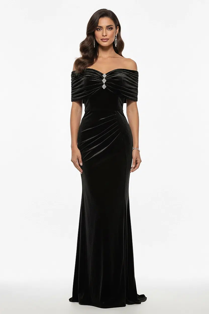 Gathered Off-Shoulder Velvet Dress