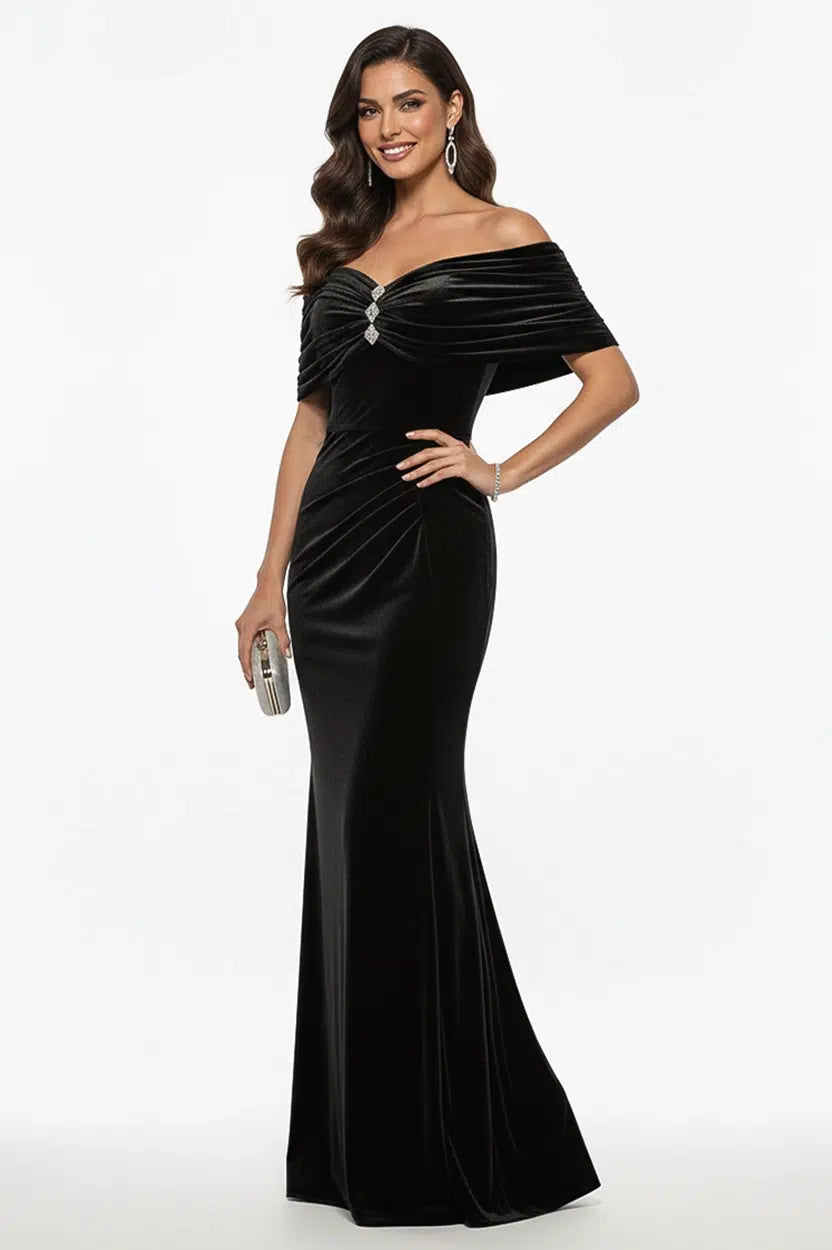 Gathered Off-Shoulder Velvet Dress