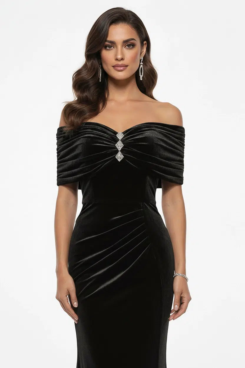 Gathered Off-Shoulder Velvet Dress