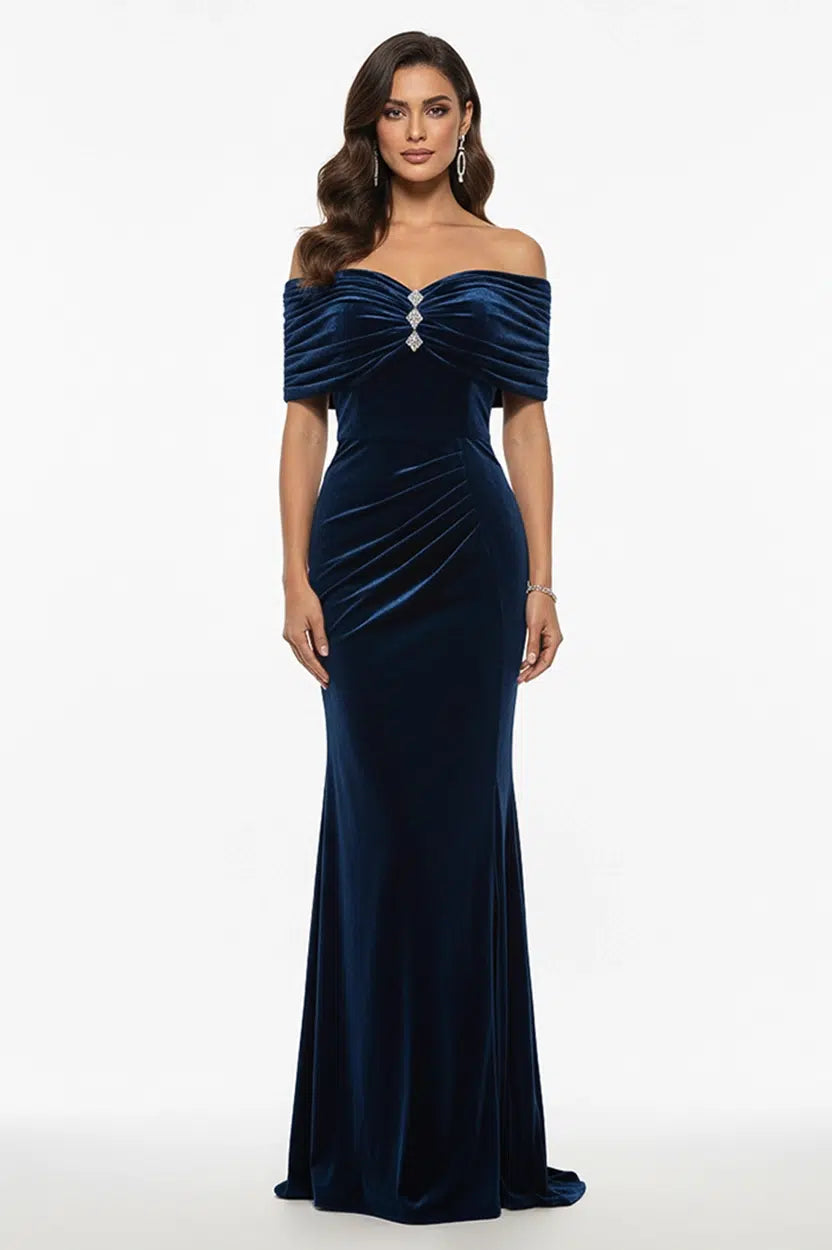 Gathered Off-Shoulder Velvet Dress