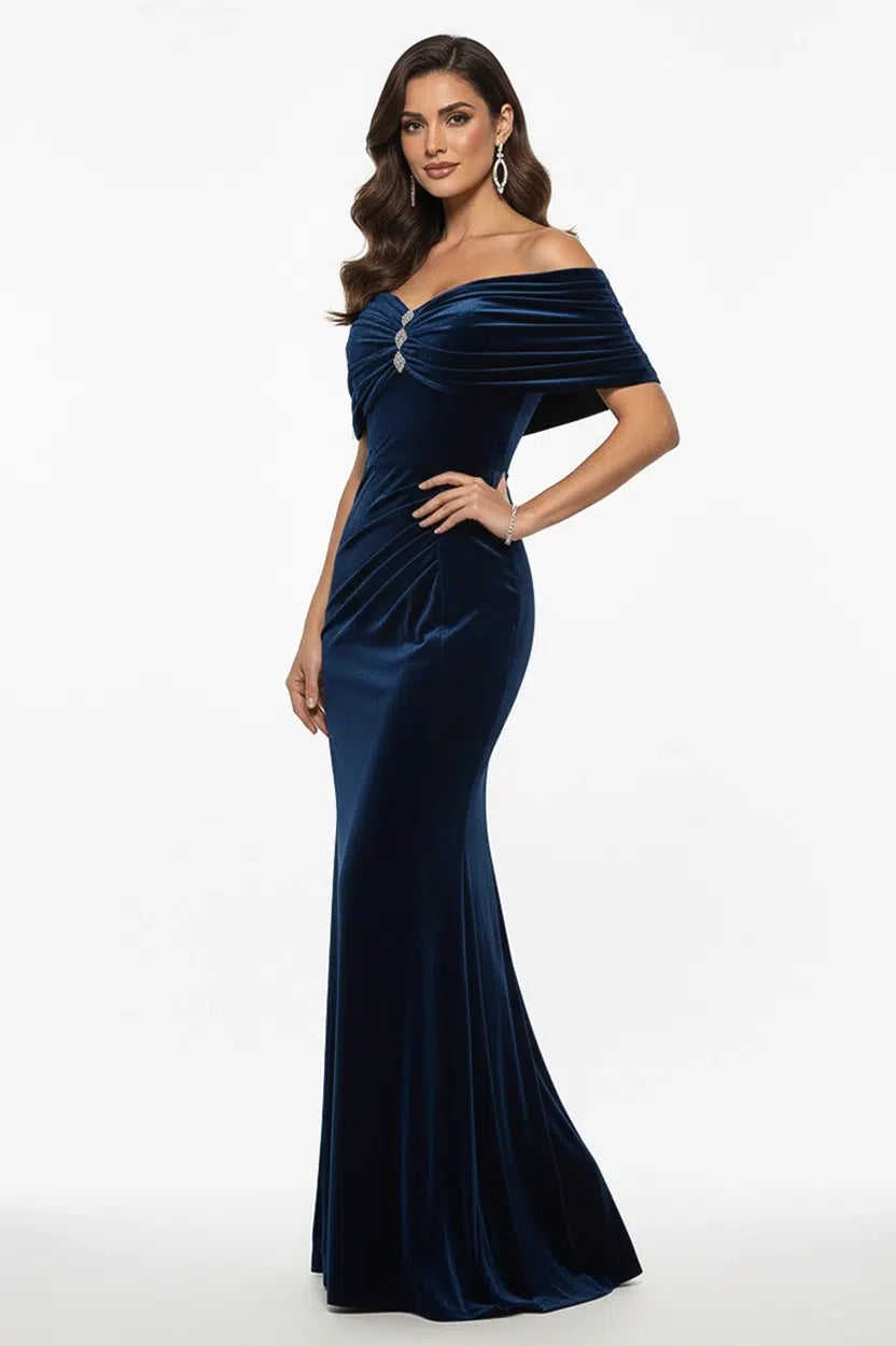 Gathered Off-Shoulder Velvet Dress