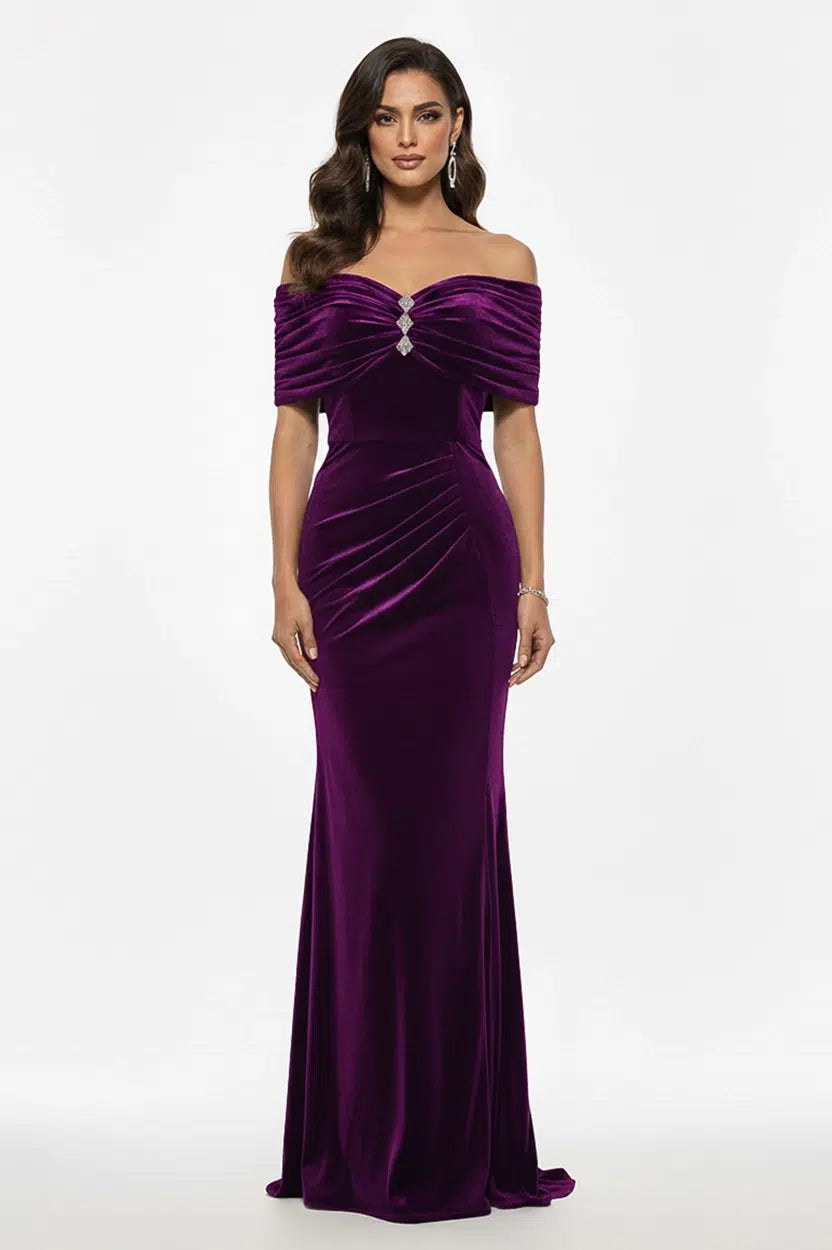 Gathered Off-Shoulder Velvet Dress