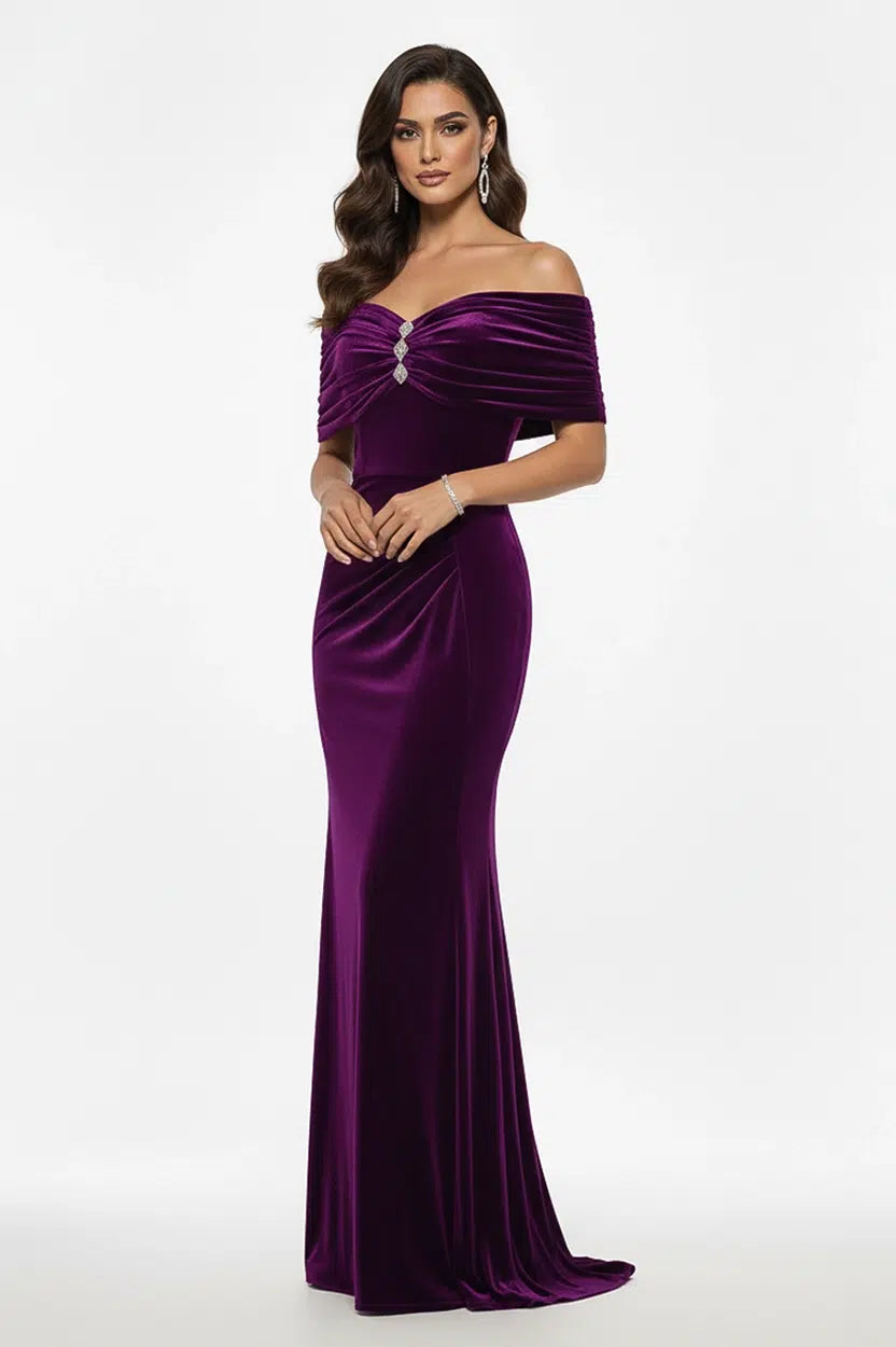 Gathered Off-Shoulder Velvet Dress