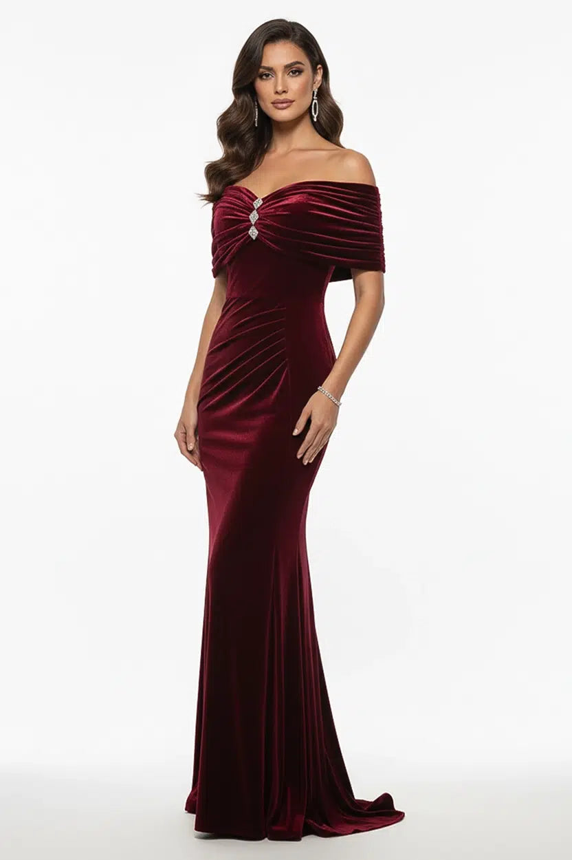 Gathered Off-Shoulder Velvet Dress