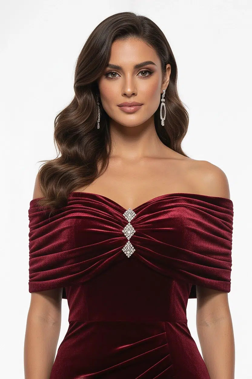 Gathered Off-Shoulder Velvet Dress
