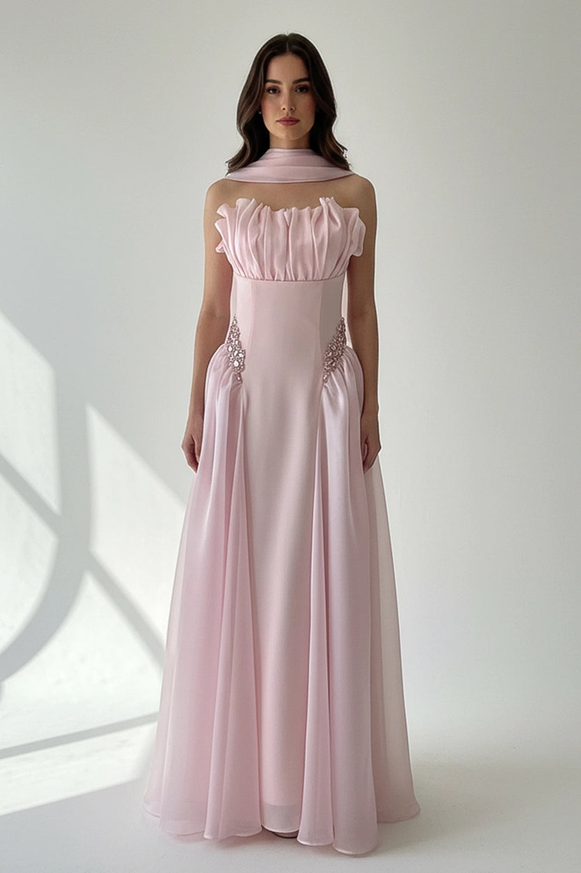 Gathered Bust Beaded Waist Crepe Dress