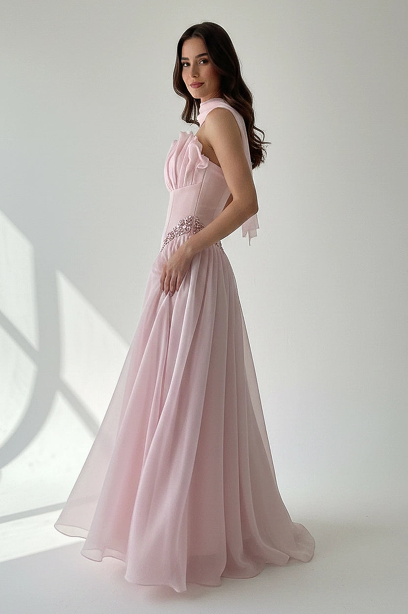 Gathered Bust Beaded Waist Crepe Dress