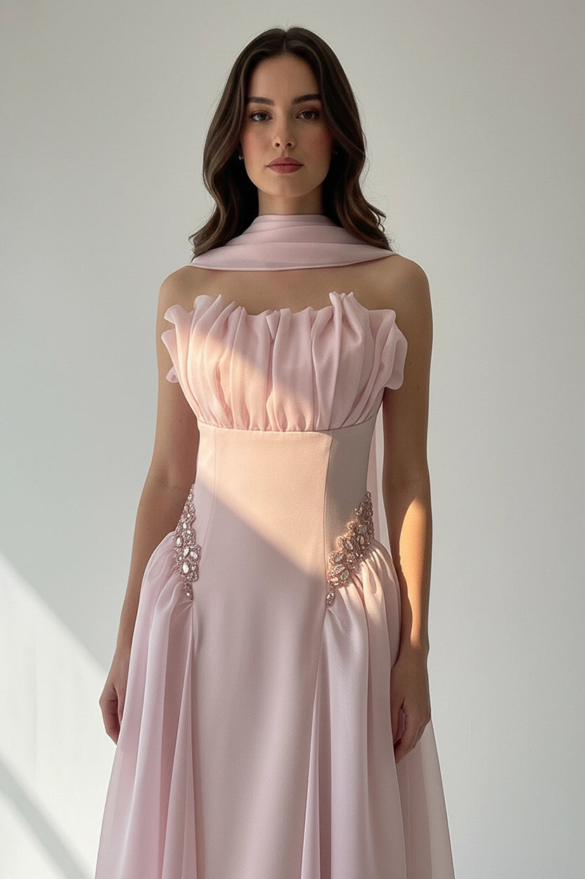 Gathered Bust Beaded Waist Crepe Dress