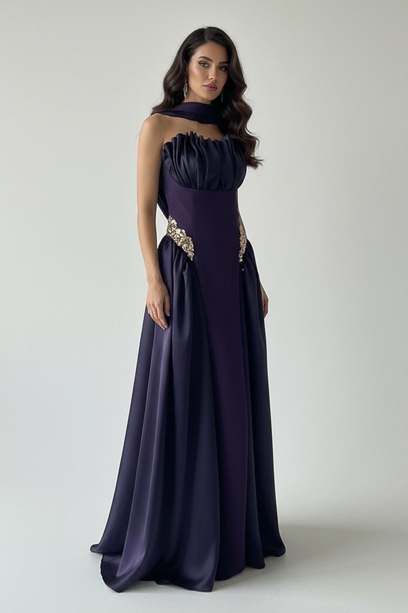 Gathered Bust Beaded Waist Crepe Dress