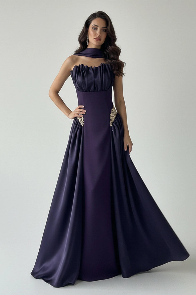 Gathered Bust Beaded Waist Crepe Dress