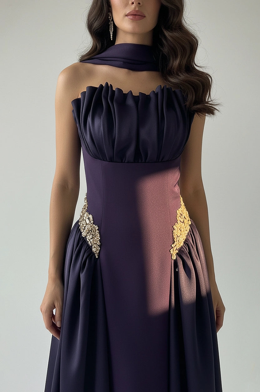 Gathered Bust Beaded Waist Crepe Dress