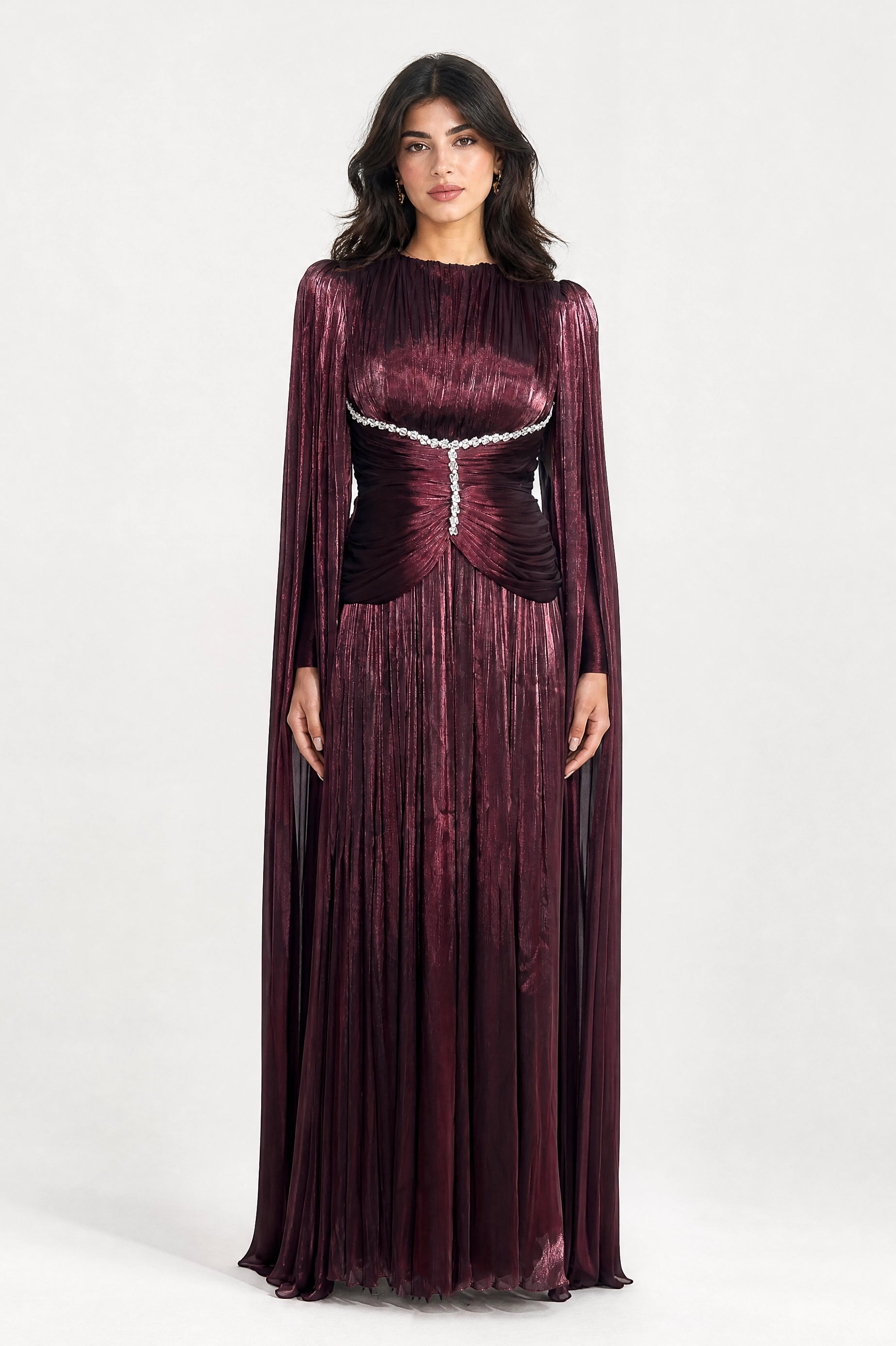 Gathered Waistline Crystal Details Organza Dress