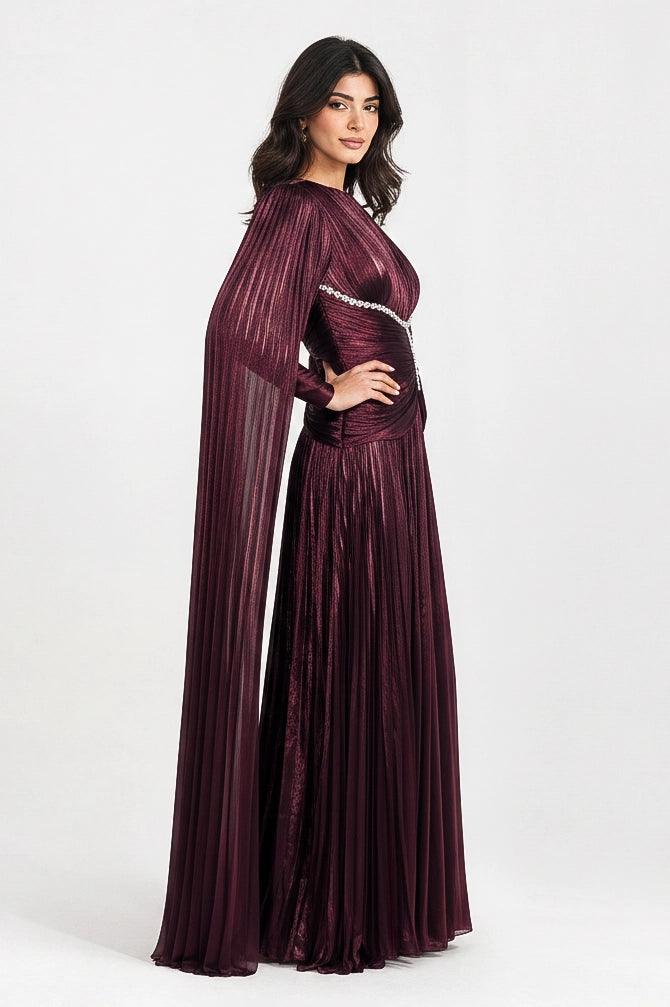 Gathered Waistline Crystal Details Organza Dress